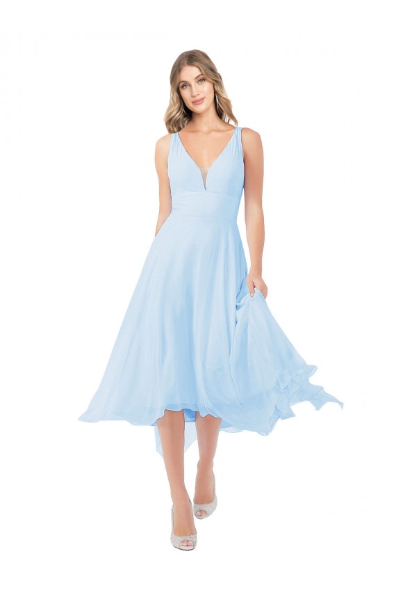 Outlet Helles Himmelblau A-Linien V-Ausschnitt Midi Chiffon Kurze Brautjungfernkleider / Cocktailkleider / Heimkehr Kleider